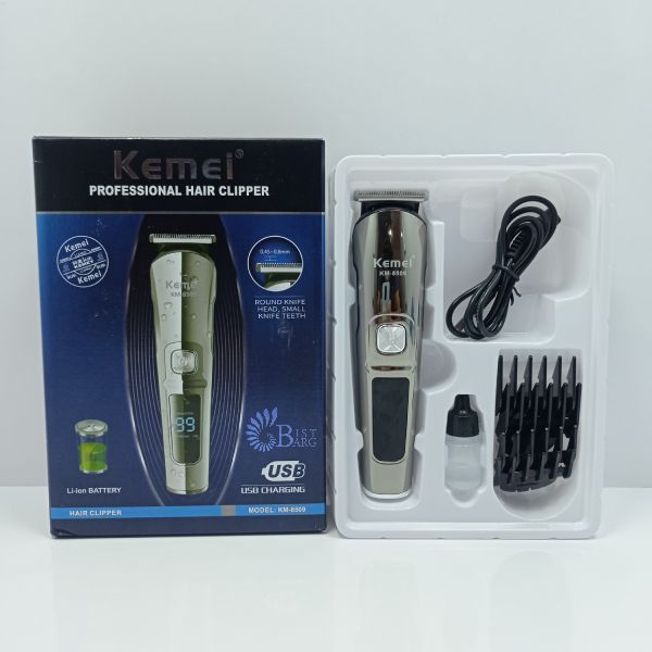 اقلام داخل جعبه ماشین اصلاح موی سر و صورت کیمی مدل KM-8509